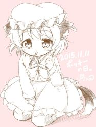 Rule 34 | 1girl, animal ears, cat ears, cat tail, chen, commentary request, dated, earrings, food, hat, jewelry, long sleeves, mob cap, monochrome, multiple tails, nekomata, pila-pela, pocky, pocky day, short hair, single earring, solo, tail, touhou, two tails