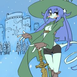 Rule 34 | 1girl, blue background, boots, cat, female focus, furry, furry female, green hat, hat, looking at viewer, no bra, purple hair, shorts, simple background, solo, sword, the amboina, weapon, witch hat, yellow eyes