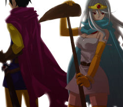 Rule 34 | 1boy, 1girl, bad id, bad pixiv id, black hair, breasts, cape, chunsoft, circlet, dragon quest, dragon quest iii, elbow gloves, enix, facing away, facing viewer, gloves, grey hair, hidaka ryou, jewelry, large breasts, long hair, looking to the side, necklace, red eyes, roto (dq3), sage (dq3), short hair, staff, sword, weapon