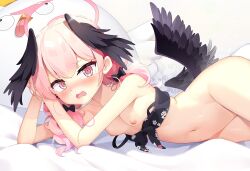 Rule 34 | 1girl, bare arms, bed sheet, bikini, black bikini, black wings, blue archive, blush, bow, breasts, feathered wings, feet out of frame, floral print, front-tie bikini top, front-tie top, hair bow, halo, head wings, koharu (blue archive), koharu (swimsuit) (blue archive), looking at viewer, low twintails, low wings, lying, navel, on side, open mouth, own hands together, peroro (blue archive), pink eyes, pink hair, print bikini, red halo, small breasts, solo, swimsuit, taku michi, twintails, wings