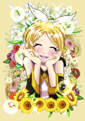 Rule 34 | 1girl, absurdres, bare shoulders, birdsong, blonde hair, blush, closed eyes, detached sleeves, facing viewer, floral background, flower, hair ornament, hair ribbon, hairclip, hands on own cheeks, hands on own face, highres, kagamine rin, lily (flower), open mouth, ribbon, rose, short hair, smile, solo, upper body, vocaloid