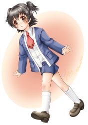 Rule 34 | 1girl, :o, akagi miria, black hair, blue jacket, blue shorts, blush, brown eyes, brown footwear, collared shirt, commentary request, dress shirt, hair between eyes, highres, idolmaster, idolmaster cinderella girls, jacket, kneehighs, loafers, long sleeves, looking at viewer, open clothes, open jacket, parted lips, regular mow, school uniform, shirt, shoes, short shorts, shorts, signature, socks, solo, twitter username, two side up, walking, white shirt, white socks