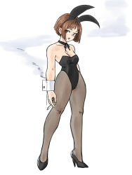 Rule 34 | 1girl, absurdres, animal ears, bare shoulders, black choker, black footwear, black hairband, black leotard, black pantyhose, breasts, brown eyes, brown hair, choker, cigarette, commentary request, fake animal ears, full body, hairband, high heels, highres, leon the professional, leotard, looking at viewer, mathilda lando, pantyhose, parted lips, playboy bunny, rabbit ears, short hair, simple background, small breasts, smoke, solo, standing, strapless, strapless leotard, toshinoshin, white background, wrist cuffs