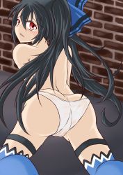 Rule 34 | 10s, 1girl, ass, back, black hair, blush, bow, cameltoe, from behind, hair bow, highres, long hair, looking at viewer, looking back, neptune (series), noire (neptunia), open mouth, panties, parted lips, red eyes, solo, sweatdrop, thighhighs, topless, twintails, underwear, very long hair