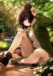 Rule 34 | 1girl, absurdres, black hair, fate/grand order, fate (series), green jacket, hair bun, highres, holding, jacket, katsushika hokusai (fate), long sleeves, looking at viewer, mashuu (neko no oyashiro), open clothes, open jacket, paintbrush, palette (object), purple eyes, scan, shoes, simple background, single hair bun, sitting, sneakers, solo, thighs