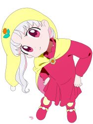 Rule 34 | 1girl, absurdres, boots, cape, closed mouth, dress, grey hair, hairband, hands on own hips, hat, head tilt, highres, jiryu50610218, long hair, long sleeves, looking at viewer, pink eyes, pom pom (clothes), princess silver, red dress, simple background, solo, standing, white background, yellow hairband, yume no crayon oukoku
