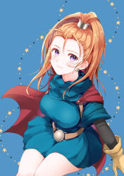 Rule 34 | 1girl, absurdres, barbara (dq6), belt, blue background, blue dress, breasts, c-diamond, cape, closed mouth, commentary, cowboy shot, dragon quest, dragon quest vi, dress, earrings, gloves, hair pulled back, high ponytail, highres, jewelry, large breasts, light blush, long hair, looking at viewer, orange hair, purple eyes, red cape, smile, solo, star (symbol)