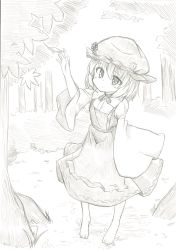Rule 34 | 1girl, aki minoriko, apron, barefoot, bow, bowtie, bush, closed mouth, collared shirt, commentary request, dress, food, forest, frilled apron, frills, fruit, full body, gloom (expression), grapes, graphite (medium), greyscale, hat, highres, leaf, long sleeves, mahiro (akino-suisen), maple leaf, mob cap, monochrome, nature, puffy long sleeves, puffy sleeves, shirt, short hair, solo, spaghetti strap, standing, touhou, traditional media, tree, wide sleeves