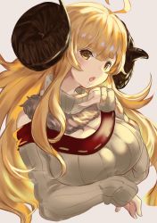 Rule 34 | 1girl, absurdres, adapted costume, ahoge, anila (granblue fantasy), blonde hair, breasts, cleavage, detached collar, draph, fur trim, granblue fantasy, highres, horns, large breasts, long hair, maou (maoudaisukiya), open mouth, ribbed sweater, sheep horns, simple background, sketch, sleeves past wrists, solo, sweater, thick eyebrows, turtleneck, turtleneck sweater, upper body, yellow eyes