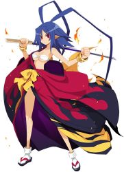 Rule 34 | 1girl, antenna hair, bandeau, blue hair, bracelet, breasts, carrying over shoulder, clenched hand, disgaea, disgaea rpg, fire, full body, genderswap, genderswap (mtf), gold bracelet, holding, holding sword, holding weapon, jewelry, laharl, laharl-chan, large breasts, long hair, looking at viewer, off shoulder, official art, pointy ears, red eyes, robe, sandals, simple background, slit pupils, solo, standing, sword, tabi, very long hair, weapon, white background, white legwear