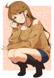 Rule 34 | 1girl, ahoge, bare shoulders, black footwear, boots, brown hair, brown sweater, character name, collarbone, commentary, denim, denim shorts, earrings, emu (emum), grin, high heel boots, high heels, highres, idolmaster, idolmaster million live!, jewelry, knee boots, long hair, looking at viewer, nail polish, necklace, off-shoulder sweater, off shoulder, parted lips, pink nails, purple eyes, shorts, smile, solo, squatting, sweater, swept bangs, symbol-only commentary, teeth, tokoro megumi, v