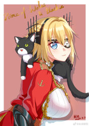 1girl aiguillette artist_name bingdian_lihua black_cat blonde_hair blue_eyes breast_rest breasts cat chinese_text english_text epaulettes eyepatch from_side half_up_braid headgear highres jacket large_breasts looking_at_viewer military military_uniform mixed-language_text prince_of_wales_(warship_girls_r) red_jacket short_hair signature solo warship_girls_r weibo_logo weibo_watermark