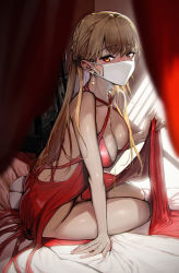 Rule 34 | 1girl, absurdres, bed, bed sheet, blonde hair, breasts, cleavage, clothes lift, dress, dress lift, earrings, girls&#039; frontline, gun, highres, jewelry, korean commentary, large breasts, lifting own clothes, long hair, mask, mouth mask, official alternate costume, on bed, orange eyes, ots-14 (girls&#039; frontline), ots-14 (ruler of the banquet) (girls&#039; frontline), red dress, sd bigpie, sitting, solo, weapon