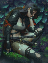 Rule 34 | 1girl, absurdres, belt boots, black hair, boots, breasts, buckle, cigarette, commentary, guweiz, hairband, hand on own cheek, hand on own face, highres, holding, katana, leaf, long hair, looking at viewer, medium breasts, navel, original, parted lips, sitting, solo, sword, watch, weapon, wristwatch