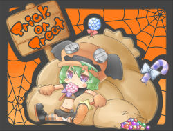 Rule 34 | 1girl, animal hands, belt, black footwear, black skirt, blue eyes, blush, candy, candy cane, chibi, crop top, english text, food, full body, green hair, hair between eyes, halloween, hat, holding, holding wand, jitome, lollipop, looking at viewer, mouth hold, navel, orange background, original, panties, sack, shoes, silk, sitting, skirt, solo, spider web, spread legs, star (symbol), striped clothes, striped thighhighs, swirl lollipop, ten usagi, thighhighs, trick or treat, underwear, wand, white panties