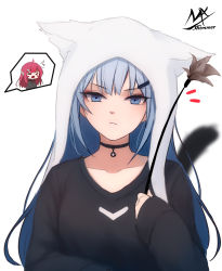 Rule 34 | &gt; &lt;, 2girls, ^^^, absurdres, ahoge, animal ears, bad id, bad pixiv id, black shirt, blue eyes, blue hair, blush stickers, breasts, closed eyes, closed mouth, fake animal ears, hair ornament, hairclip, highres, holding, long hair, long sleeves, medium breasts, multiple girls, original, pointy ears, red hair, shimmer, shirt, sleeves past wrists, tail raised