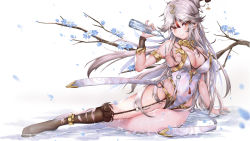 1girl, absurdres, adapted costume, alternate costume, armlet, bikini, bikini under clothes, black bikini, black legwear, blue flower, blush, bottle, branch, breasts, cgd-orange, cleavage, closed mouth, commentary, embroidery, eyebrows visible through hair, eyelashes, flower, full body, garter straps, genshin impact, gold trim, hair between eyes, hair bun, hair ornament, hair stick, highres, holding, holding bottle, kneehighs, large breasts, leotard, long hair, looking at viewer, lying, multicolored hair, ningguang (genshin impact), o-ring, o-ring legwear, on side, petals, pouring, pouring onto self, red eyes, red hair, silver hair, simple background, single kneehigh, smile, solo, streaked hair, swimsuit, tassel, thighs, torn clothes, torn legwear, water, water bottle, white background, white hair, white leotard