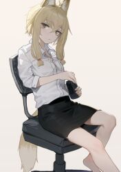 Rule 34 | 1girl, animal ear fluff, animal ears, barefoot, black skirt, blonde hair, can, chair, collared shirt, foot out of frame, fox ears, fox girl, fox tail, hair between eyes, holding, holding can, legs, looking at viewer, nito (nshtntr), office chair, office lady, original, pencil skirt, shirt, short hair with long locks, simple background, sitting, skirt, solo, swivel chair, tail, white shirt