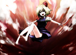 Rule 34 | 1girl, bad id, bad pixiv id, bare legs, barefoot, blonde hair, embodiment of scarlet devil, feet, female focus, hair ribbon, lefthand, legs, open mouth, outstretched arms, red eyes, ribbon, rumia, short hair, smile, soles, solo, spread arms, touhou