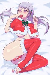 Rule 34 | 1girl, black clover, blush, breast peek, breasts, christmas, condom, condom in mouth, female focus, highres, hito clover, large breasts, mouth hold, noelle silva, pussy, pussy peek, red stockings, ribbon, solo, teasing, twintails