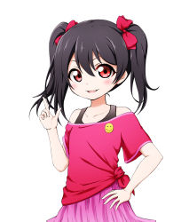 Rule 34 | 1girl, black hair, blush, bow, collarbone, eyebrows hidden by hair, hair between eyes, hair bow, hand on own hip, hand up, highres, index finger raised, kuena, love live!, love live! school idol project, off-shoulder shirt, off shoulder, parted lips, pink skirt, red bow, red eyes, red shirt, shirt, short sleeves, skirt, smile, smiley face, solo, tied shirt, twintails, v-shaped eyebrows, yazawa nico