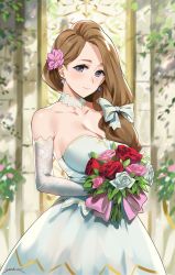 Rule 34 | 1girl, artist name, blue eyes, bouquet, bow, breasts, bride, brown hair, choker, collarbone, commentary, cowboy shot, dress, earrings, elbow gloves, english commentary, fire emblem, fire emblem: three houses, flower, gloves, hair bow, hair flower, hair ornament, hair over shoulder, highres, holding, holding flower, jewelry, large breasts, long hair, looking at viewer, mercedes von martritz, nintendo, rose, sendo (sendrawz), solo, wedding dress, white choker, white dress