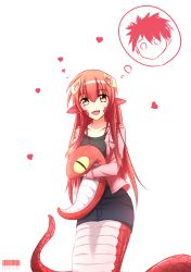 Rule 34 | 10s, 1girl, 2015, :d, absurdres, artist name, cowboy shot, dated, fangs, hair ornament, hairclip, heart, highres, kurusu kimihito, lamia, long hair, looking at viewer, miia (monster musume), monster girl, monster musume no iru nichijou, open mouth, pointy ears, red hair, scales, simple background, slit pupils, smile, stuffed animal, stuffed snake, stuffed toy, thinking, thought bubble, violetsang, white background, yellow eyes
