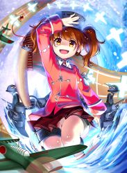 Rule 34 | &gt;:d, 10s, 1girl, :d, aircraft, airplane, arm up, blurry, brown hair, cannon, day, depth of field, flight deck, grey hat, highres, kantai collection, kashi kosugi, long sleeves, looking at viewer, machinery, motion blur, onmyouji, open mouth, outdoors, panties, pantyshot, pleated skirt, red shirt, red skirt, ribbon, ribbon-trimmed sleeves, ribbon trim, ryuujou (kancolle), scroll, serious, shaded face, shikigami, shirt, short hair, short twintails, skirt, sleeves rolled up, smile, solo, thigh strap, thighs, turret, twintails, underwear, upskirt, v-shaped eyebrows, visor cap, wading, water, white panties, white ribbon, wing collar, yellow eyes
