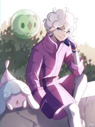 Rule 34 | 1boy, absurdres, bede (pokemon), closed mouth, coat, commentary, creatures (company), curly hair, day, dynamax band, game freak, gen 5 pokemon, gen 8 pokemon, gloves, hatenna, high collar, highres, jayj 824, looking to the side, male focus, nintendo, outdoors, pants, pokemon, pokemon (creature), pokemon swsh, purple coat, purple eyes, shirt, short hair, sitting, smile, solosis, split mouth, white hair, white pants, white shirt