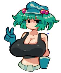 Rule 34 | 1girl, blue hair, breasts, cleavage, emerald kitty, expressionless, hat, highres, huge breasts, kawashiro nitori, mob face, peace symbol, solo, tank top, touhou