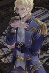 Rule 34 | 1boy, abel bluefield, akehata hikari, artist name, belt, blonde hair, blue eyes, character name, compass rose, copyright name, epaulettes, gold trim, hand on own elbow, hand up, highres, indoors, jewelry, kaizoku oujo, locket, long sleeves, looking at viewer, male focus, pendant, shadow, short hair, solo, standing, uniform