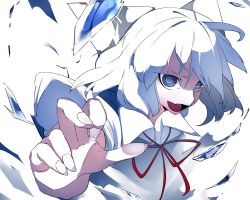 Rule 34 | 1girl, ahoge, blue dress, blue eyes, blue hair, bow, cirno, dress, fingernails, hair bow, highres, ice, ice wings, ikurauni, matching hair/eyes, open mouth, overexposure, red ribbon, ribbon, short hair, solo, touhou, white bow, wings