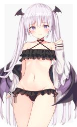 Rule 34 | 1girl, absurdres, bare shoulders, bikini, black bikini, black choker, blush, breasts, choker, closed mouth, collarbone, cowboy shot, criss-cross halter, demon wings, gluteal fold, groin, halterneck, hand up, head wings, highres, jacket, long hair, long sleeves, looking at viewer, navel, off-shoulder bikini, off shoulder, open clothes, open jacket, original, purple eyes, simple background, small breasts, solo, sweat, swimsuit, thigh gap, thighs, tsuzaki tsunomi, twintails, very long hair, white background, white hair, white jacket, wings