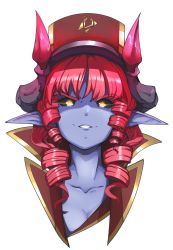 Rule 34 | 1girl, black sclera, breasts, cleavage, collarbone, colored sclera, commentary, demon (monster girl encyclopedia), demon girl, demon horns, drill hair, glowing, glowing eyes, hat, highres, horns, looking at viewer, medium hair, monster girl encyclopedia, nanostar, parted lips, pointy ears, portrait, red hair, smile, solo, transparent background, white background, yellow eyes