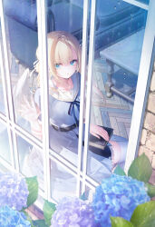 Rule 34 | 1girl, angel wings, belt, black belt, blonde hair, blue dress, blue eyes, blue flower, blue ribbon, blue thighhighs, blunt bangs, book, collarbone, dress, flower, hair ribbon, hand on window, highres, holding, holding book, hydrangea, lace, lace-trimmed dress, lace trim, long hair, looking at viewer, neck ribbon, original, parted lips, purple flower, rain, ribbon, sailor collar, sidelocks, sitting, solo, table, thighhighs, toosaka asagi, water drop, white sailor collar, window, window shadow, windowsill, wings, wooden floor