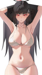 Rule 34 | 1girl, absurdres, armpits, arms up, bikini, black hair, blue archive, breasts, collarbone, hair lift, hair ornament, hairclip, halo, highres, katagirinanoka, large breasts, long hair, navel, parted lips, red eyes, rio (blue archive), simple background, skindentation, solo, stomach, swimsuit, very long hair, white background, white bikini