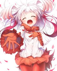 Rule 34 | 10s, 1girl, blunt bangs, buttons, closed eyes, cowboy shot, fur collar, gloves, gluteal fold, hand on own chest, head wings, japanese crested ibis (kemono friends), kemono friends, long hair, long sleeves, matokechi, miniskirt, multicolored hair, open mouth, orange skirt, pantyhose, petals, red gloves, red hair, red pantyhose, shirt, simple background, skirt, smile, solo, thigh gap, two-tone hair, white background, white hair, white shirt, wide sleeves, wings