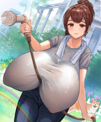 1girl blush breasts brown_eyes brown_hair covered_erect_nipples denim dog gigantic_breasts grey_shirt hair_tie hose jeans lips masamasa mature_female nipples_visible_through_shirt no_bra original outdoors pants ponytail rainbow sagging_breasts shiba_inu shirt smile solo standing t-shirt towel towel_around_neck watering