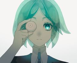Rule 34 | 1other, androgynous, aqua eyes, aqua hair, black necktie, closed mouth, colored eyelashes, commentary, eyeball, frown, gem uniform (houseki no kuni), hand up, highres, holding eyeball, houseki no kuni, looking at viewer, necktie, one eye covered, other focus, phosphophyllite, portrait, short hair, simple background, solo, straight-on, translucent hair, white background, yagi hara