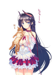 Rule 34 | 1girl, black hair, blue eyes, blush, breasts, cat, cleavage, coffee cat, collar, garter straps, horns, large breasts, leash, long hair, looking at viewer, open mouth, original, skirt, solo, stuffed animal, stuffed toy