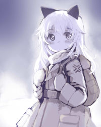 Rule 34 | 1girl, :&lt;, animal ears, backpack, bag, belt, blush, coat, helma lennartz, highres, izuoku, long hair, looking at viewer, mittens, monochrome, scarf, simple background, solo, strike witches, strike witches: suomus misfits squadron, winter clothes, world witches series