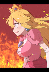 Rule 34 | 1girl, absurdres, alternate breast size, blonde hair, blue eyes, blue gemstone, blush, breasts, brooch, crown, dress, earrings, elbow gloves, embers, female focus, fire, from side, gem, gloves, highres, jewelry, kurachi mizuki, large breasts, letterboxed, long hair, looking to the side, looking up, mario (series), nintendo, open mouth, pink dress, princess peach, profile, puffy short sleeves, puffy sleeves, red background, red gemstone, short sleeves, sidelocks, sideways mouth, smile, solo, sphere earrings, standing, the super mario bros. movie, upper body, v-shaped eyebrows, white gloves, yellow headwear