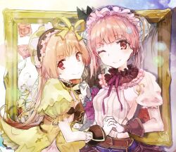 Rule 34 | 2girls, atelier (series), atelier lydie &amp; suelle, blonde hair, bow, closed mouth, dress, frills, hairband, holding hands, long hair, looking at viewer, lydie marlen, multiple girls, one eye closed, picture frame, pink eyes, pink hair, puffy short sleeves, puffy sleeves, red eyes, short sleeves, siblings, side ponytail, sisters, smile, suelle marlen, tatsukisan, twins, yellow bow