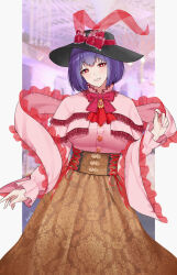 Rule 34 | 1girl, absurdres, adapted costume, aroevela, black hat, blurry, blurry background, bow, bowtie, breasts, bright pupils, brown skirt, capelet, commentary, cross-laced clothes, frilled capelet, frilled shawl, frills, hat, hat bow, highres, large breasts, long sleeves, looking at viewer, nagae iku, parted lips, purple hair, red bow, red bowtie, red eyes, shawl, short hair, signature, skirt, smile, solo, symbol-only commentary, touhou, white pupils