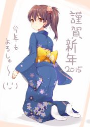 Rule 34 | 10s, 1girl, 2015, alternate costume, bad id, bad pixiv id, brown eyes, brown hair, flower, from behind, hair flower, hair ornament, highres, japanese clothes, kaga (kancolle), kantai collection, kimono, kneeling, looking at viewer, looking back, obi, ocha (ochappie), sash, side ponytail, solo, tabi, translated