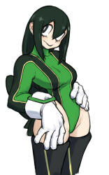 Rule 34 | 1girl, absurdres, asui tsuyu, bodysuit, boku no hero academia, boots, frog girl, green bodysuit, highres, leotard, long hair, long sleeves, long tongue, looking at viewer, low-tied long hair, solo, thigh boots, thighhighs, tongue, toshinoshin