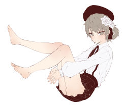 Rule 34 | 1girl, ass, bare legs, barefoot, beret, black bow, black hat, black ribbon, black skirt, blush, bow, brown eyes, brown hair, closed mouth, collared shirt, feet, flower, full body, hair flower, hair ornament, hair rings, hat, hatoba tsugu, highres, legs up, long sleeves, looking at viewer, pleated skirt, puffy long sleeves, puffy sleeves, ribbon, rose, se.a, shirt, simple background, skirt, sleeves past wrists, smile, solo, suspender skirt, suspenders, virtual youtuber, white background, white flower, white rose, white shirt