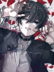 1boy bandaid black_eyes black_hair black_nails choker earrings gakuran hair_between_eyes highres isumisumi jewelry long_sleeves looking_at_viewer mole mole_under_eye nail_polish original piercing school_uniform shirt short_hair solo white_shirt