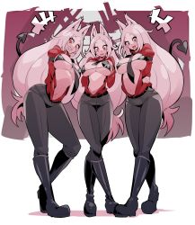 Rule 34 | 3girls, :d, animal ears, arms behind back, bikini, bikini top only, black bikini, black footwear, black neckwear, black pants, blouse, boots, breasts, cerberus (helltaker), clenched teeth, commentary request, demon girl, demon tail, dog ears, dog girl, fang, fangs, full body, helltaker, highres, large breasts, long hair, looking at viewer, micro bikini, multiple girls, nac000, navel, necktie, open clothes, open mouth, open shirt, pants, red eyes, red shirt, sharp teeth, shirt, siblings, sisters, smile, standing, swimsuit, tail, teeth, white hair