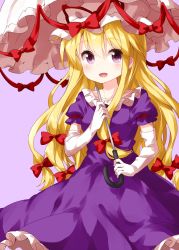Rule 34 | 1girl, :d, blonde hair, blush, bow, breasts, collarbone, commentary request, cowboy shot, dress, elbow gloves, frills, gloves, hair between eyes, hair bow, hat, hat ribbon, highres, holding, holding umbrella, long hair, looking at viewer, medium breasts, mob cap, open mouth, petticoat, puffy short sleeves, puffy sleeves, purple background, purple dress, purple eyes, red bow, red ribbon, ribbon, ruu (tksymkw), short sleeves, sidelocks, simple background, smile, solo, touhou, umbrella, very long hair, white gloves, white hat, white umbrella, yakumo yukari